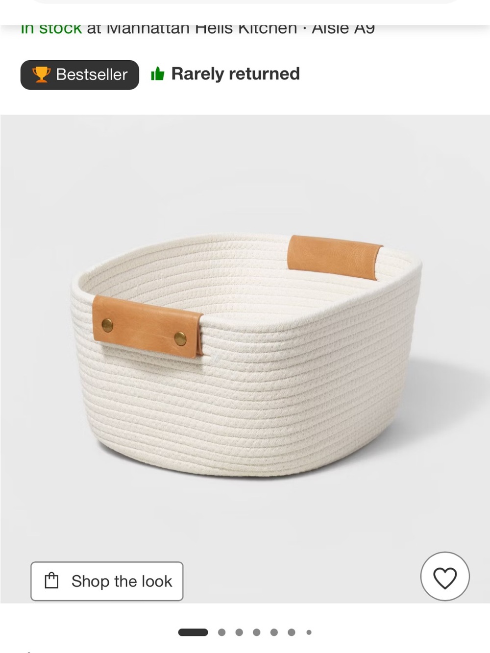 Woven Cotton Rope Storage Basket with Leather Handles - Cream